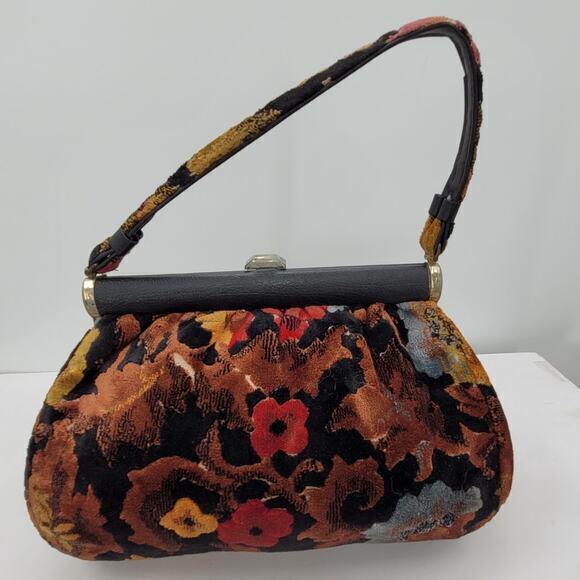 RJ Vintage 50s/60s Velvet Carpet Fabric Floral Top Handle Frame Handbag Purse - Picture 7 of 13